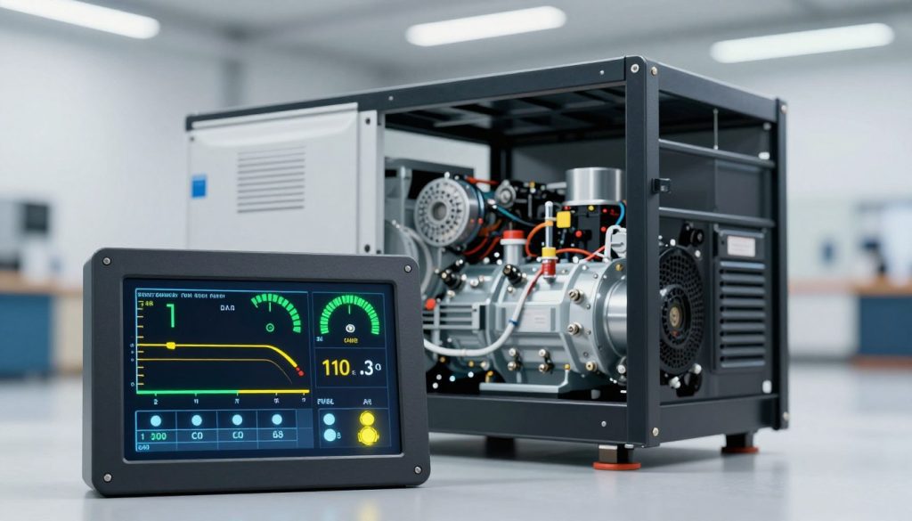A technical illustration showcasing the output power of a generator. In the foreground, a detailed digital display panel shows various metrics like voltage and amperage with glowing green and yellow indicators, symbolizing power output. The middle ground features a robust, modern generator with an open casing, revealing complex internal components. Behind the generator, a soft-focus workshop setting illuminated by bright, even lighting to ensure clarity of details, creating a professional atmosphere. Use a wide-angle lens to capture the entire scene, emphasizing the generator's size and importance. The mood is analytical and informative, inviting the viewer to learn more about generator specifications without any text or distractions. A technical illustration showcasing the output power of a generator. In the foreground, a detailed digital display panel shows various metrics like voltage and amperage with glowing green and yellow indicators, symbolizing power output. The middle ground features a robust, modern generator with an open casing, revealing complex internal components. Behind the generator, a soft-focus workshop setting illuminated by bright, even lighting to ensure clarity of details, creating a professional atmosphere. Use a wide-angle lens to capture the entire scene, emphasizing the generator's size and importance. The mood is analytical and informative, inviting the viewer to learn more about generator specifications without any text or distractions.