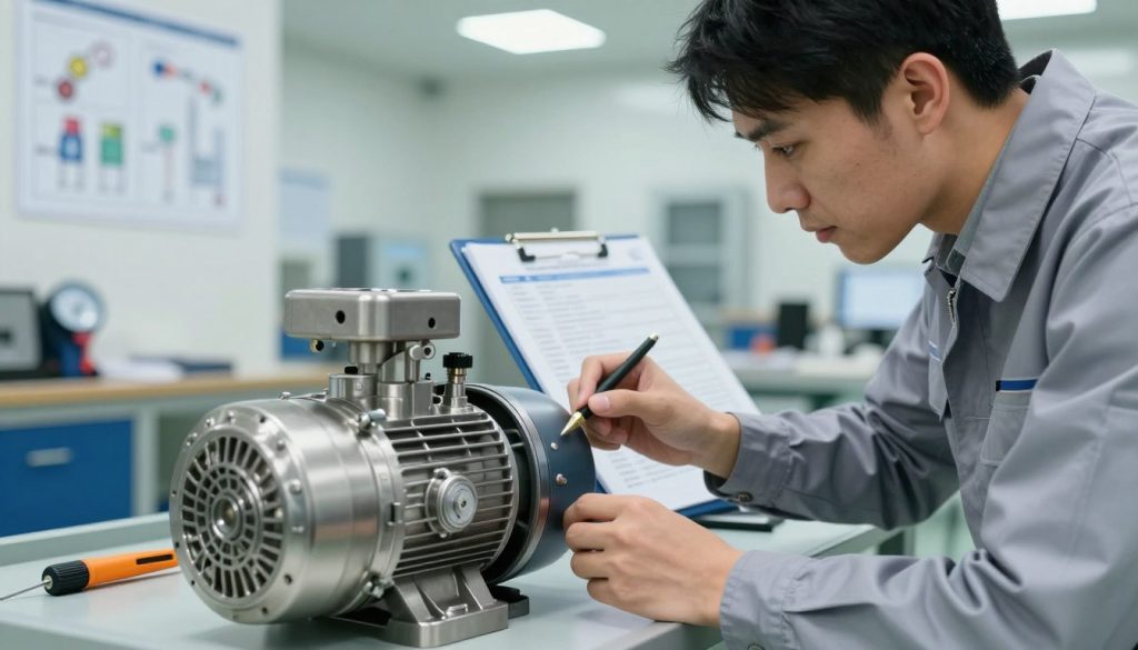 A technical inspection scene focused on the initial checks of a submerged pump, featuring a technician in professional business attire carefully examining the equipment. The foreground includes the technician interacting with a rugged, stainless-steel pump, with tools delicately placed nearby. In the middle ground, various checklists and measuring instruments are visible, emphasizing a detailed inspection process. The background showcases a well-organized workshop environment with technical diagrams on the walls and soft overhead lighting, creating a focused atmosphere. The overall mood conveys professionalism and precision, highlighting the importance of thorough equipment checks before operation. The camera angle is slightly elevated, capturing both the technician and the intricate details of the pump effectively, with a depth of field that draws attention to the main subject.