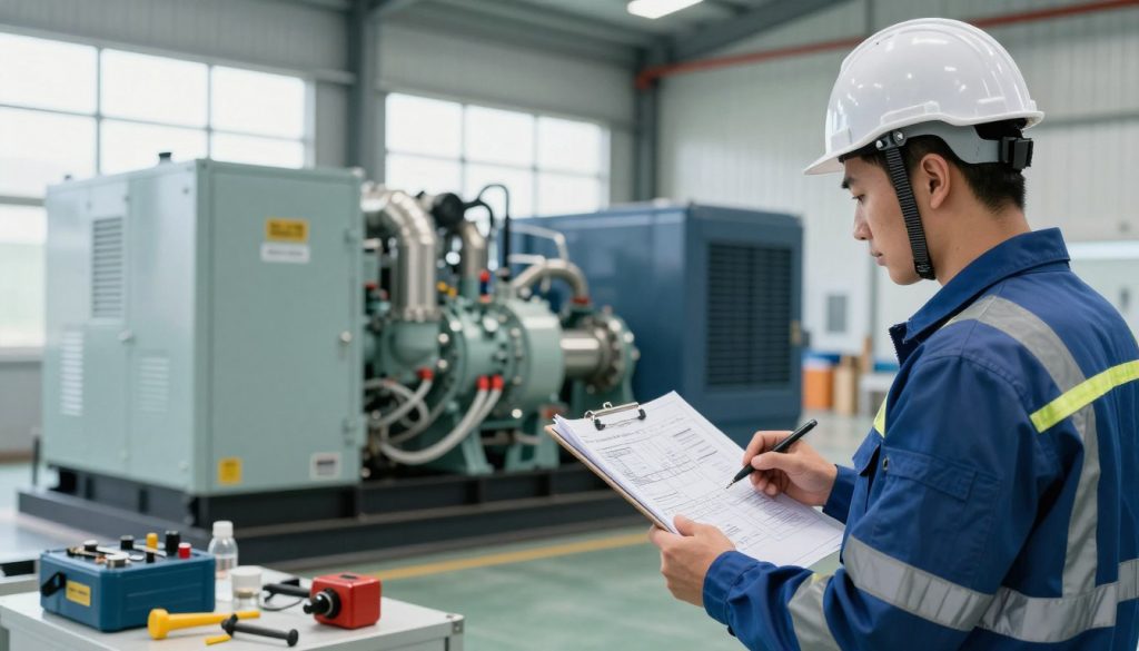 A technical installation scene of an energy generator, featuring a professional technician in a hard hat and safety gear, reviewing detailed blueprints on a clipboard. In the foreground, tools and equipment are neatly arranged, emphasizing a safe working environment. The middle ground showcases a large, modern generator system with clear labels following industry standards, complete with exhaust pipes and electrical connections. The background consists of a well-lit industrial facility, with large windows allowing natural light to illuminate the space, enhancing the focus on technical compliance. Capture a clear angle that provides depth, stressing professionalism and adherence to installation standards. The mood should convey precision, safety, and efficiency, reflecting the critical importance of following technical regulations in energy generation.