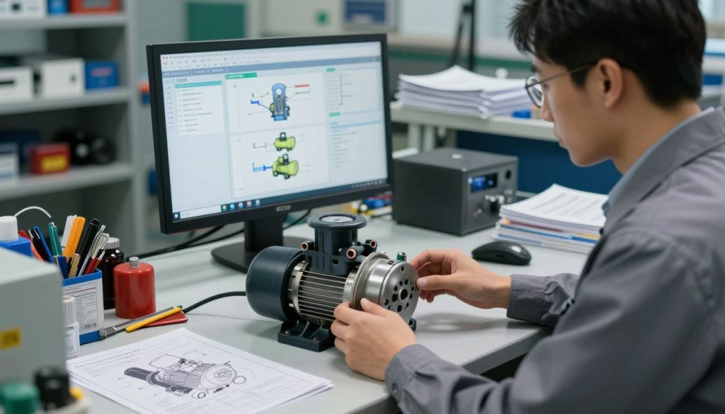 A technical workshop setting focused on diagnosing submersible pumps. In the foreground, a professional technician wearing a business attire is examining a disassembled submersible pump on a workbench, surrounded by schematic diagrams and tools. In the middle ground, there is a large monitor displaying diagnostic software, illustrating common pump failure scenarios. In the background, shelves filled with spare parts and maintenance manuals create an industrious atmosphere. The lighting is bright and focused on the workbench, casting soft shadows to highlight the details of the pump components. The overall mood is analytical and professional, emphasizing the importance of accurate diagnostics in submersible pump maintenance.