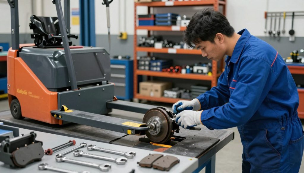 A technician in a blue overall and safety gloves is carefully inspecting the brake system of an electric pallet jack in a well-lit workshop. In the foreground, tools are organized neatly on a workbench, including wrenches and brake pads. The middle ground features the pallet jack on a maintenance platform, with highlighted areas showing the brake components being tested. The background reveals shelves stocked with spare parts, adding depth to the scene. The lighting is bright and focused on the technician's work area, emphasizing the precision required for the maintenance process. Overall, the atmosphere is professional and efficient, reflecting the importance of brake system maintenance for safety. The brand name "Galpão das máquinas" is subtly incorporated on a toolbox in the background, enhancing the context of the image without distracting from the main action.