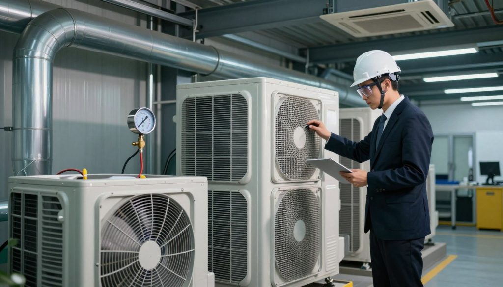 A technician in a clean, well-lit industrial environment inspects a large air conditioning unit, surrounded by cooling ducts and ventilation systems. He is dressed in smart business attire, wearing a safety helmet and goggles, emphasizing professionalism and safety. The foreground showcases detailed machinery components like fans and filters with intricate wiring. In the middle, a digital pressure gauge is visible, highlighting technical aspects of the cooling system. The background features exposed metal beams and ceiling-mounted vents, giving a sense of depth and context. The lighting is bright and focused, illuminating the technician’s work area while casting subtle shadows, creating a serious and methodical atmosphere, reflecting the importance of thorough system checks before use.