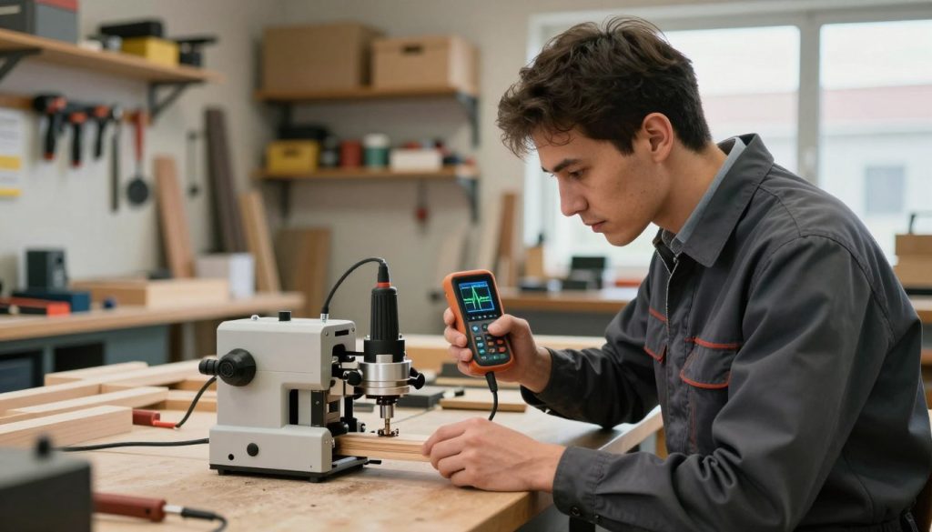 A technician in a modern workshop, examining a wood router (tupia) on a workbench. The technician, dressed in professional business attire, focuses intently on a vibration diagnostic tool attached to the equipment, highlighting a digital display showing vibration metrics. In the background, shelves filled with woodworking tools and materials create a lively atmosphere. Soft, natural light filters through a nearby window, illuminating the workspace and casting gentle shadows. The angle is slightly above eye level, offering a clear view of the technician’s concentration and the intricate details of the equipment. The overall mood is one of professionalism and technical expertise, emphasizing the importance of diagnosing vibration issues effectively. A technician in a modern workshop, examining a wood router (tupia) on a workbench. The technician, dressed in professional business attire, focuses intently on a vibration diagnostic tool attached to the equipment, highlighting a digital display showing vibration metrics. In the background, shelves filled with woodworking tools and materials create a lively atmosphere. Soft, natural light filters through a nearby window, illuminating the workspace and casting gentle shadows. The angle is slightly above eye level, offering a clear view of the technician’s concentration and the intricate details of the equipment. The overall mood is one of professionalism and technical expertise, emphasizing the importance of diagnosing vibration issues effectively.