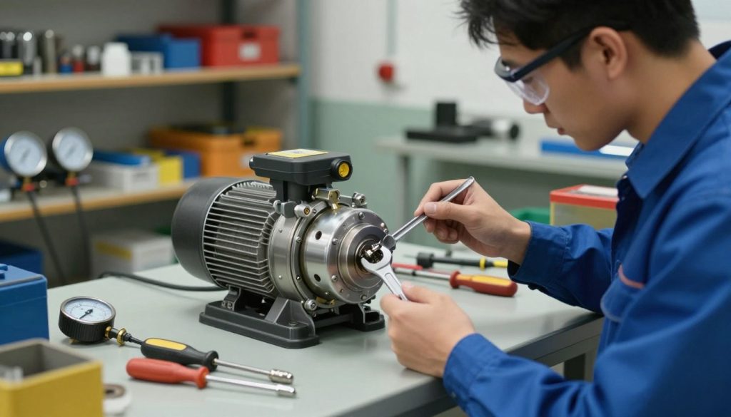 A technician in a well-lit workshop, conducting maintenance on a vacuum pump. In the foreground, the technician, dressed in a blue work uniform with safety goggles, inspects the pump's components, holding a wrench. The middle ground features the vacuum pump on a sturdy workbench, surrounded by tools such as screwdrivers and pressure gauges. The background shows shelves filled with spare parts and safety equipment. Soft, diffused lighting highlights the mechanical details of the pump and tools, creating a professional atmosphere. The mood is focused and industrious, emphasizing the importance of safety and precision during maintenance tasks.