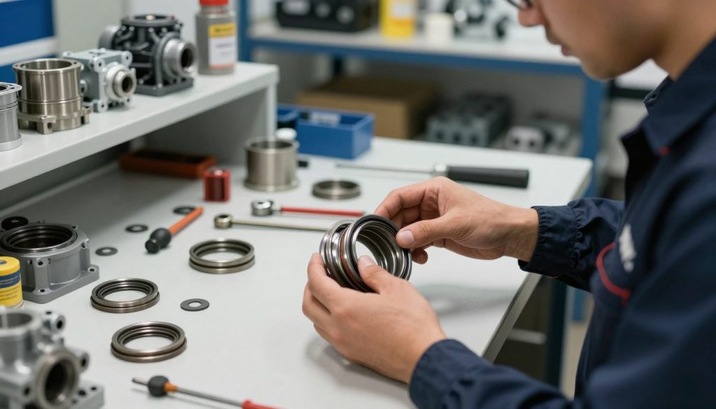A technician in professional attire is carefully examining a mechanical seal in a well-lit industrial workshop. In the foreground, a close-up of the technician's hands is seen adjusting the components of the mechanical seal, showcasing intricate details of the seals and gaskets. The middle layer features a clean workbench with organized tools and parts, highlighting the maintenance process. In the background, shelves filled with various mechanical components and machinery parts are visible, conveying an efficient working environment. The lighting is bright and focused, casting soft shadows that highlight the textures of the mechanical components. The atmosphere is one of professionalism and expertise, emphasizing the importance of maintenance in centrifugal pump seals. The brand "Galpão das máquinas" subtly appears in an unobtrusive manner on tools or equipment in the scene. A technician in professional attire is carefully examining a mechanical seal in a well-lit industrial workshop. In the foreground, a close-up of the technician's hands is seen adjusting the components of the mechanical seal, showcasing intricate details of the seals and gaskets. The middle layer features a clean workbench with organized tools and parts, highlighting the maintenance process. In the background, shelves filled with various mechanical components and machinery parts are visible, conveying an efficient working environment. The lighting is bright and focused, casting soft shadows that highlight the textures of the mechanical components. The atmosphere is one of professionalism and expertise, emphasizing the importance of maintenance in centrifugal pump seals. The brand "Galpão das máquinas" subtly appears in an unobtrusive manner on tools or equipment in the scene.