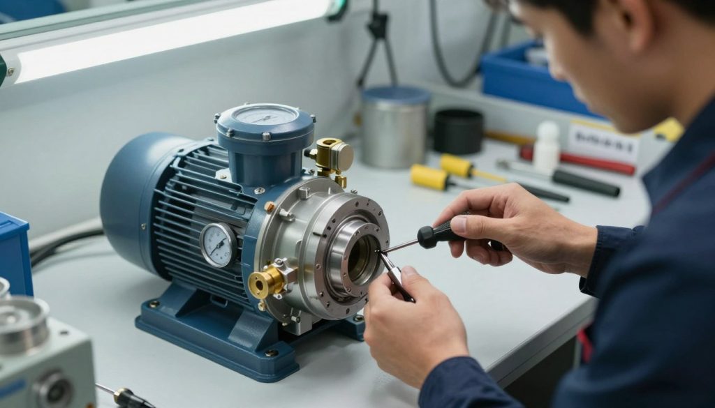 A technician in professional attire performs preventive maintenance on a vacuum pump in a clean, well-lit workshop. In the foreground, close-up on the technician’s hands using a specialized tool to inspect and clean parts of the pump, showcasing intricate components like valves and filters. The middle layer features a detailed view of the vacuum pump, with visible gauges and dials, illustrating its robust design and functionality. The background shows organized tools on a workbench, with clear labels, under bright overhead LED lighting that casts soft shadows, creating a focused atmosphere of professionalism and diligence. The overall mood is technical and informative, emphasizing precision and care in maintenance practices.