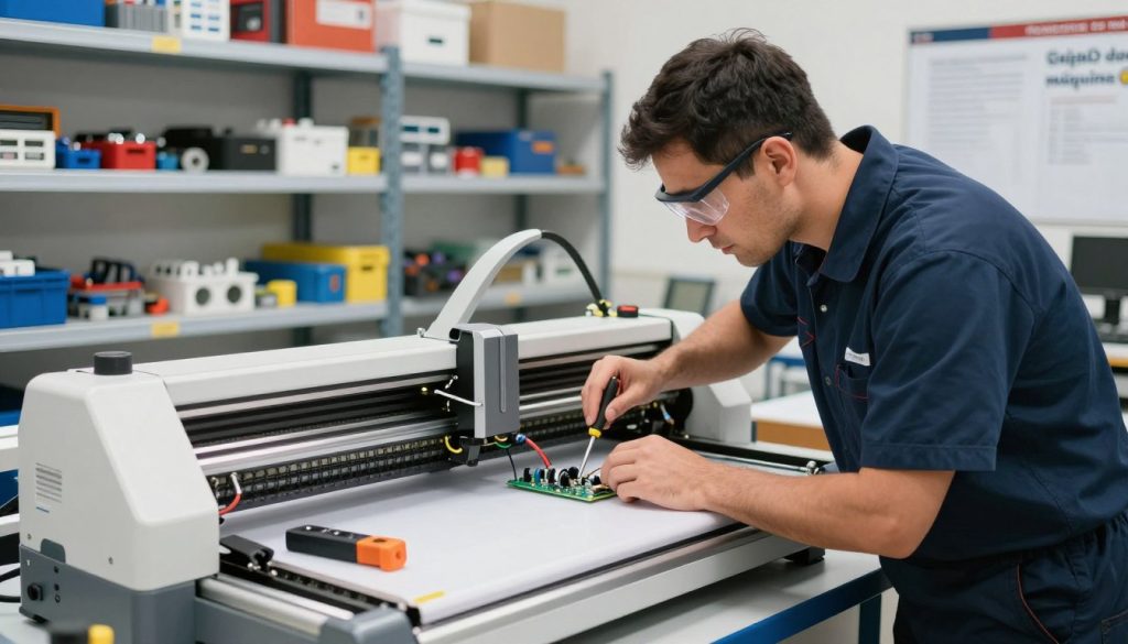 A technician in professional business attire is focused on repairing a large cutting plotter, showcasing intricate machinery and components inside the device. The foreground features a close-up of the plotter's control panel and tools, displaying wires and circuit boards. In the middle ground, the technician examines the plotter, using a screwdriver and wearing safety goggles, embodying precision and expertise. The background includes shelves filled with spare parts and tools branded "Galpão das máquinas," with soft, natural lighting illuminating the workspace, creating a clean and organized atmosphere. The overall mood is professional, highlighting common issues faced in plotter maintenance while emphasizing the importance of preventive care. The perspective is slightly angled to capture the depth of the workspace, combining a sense of activity and focus.