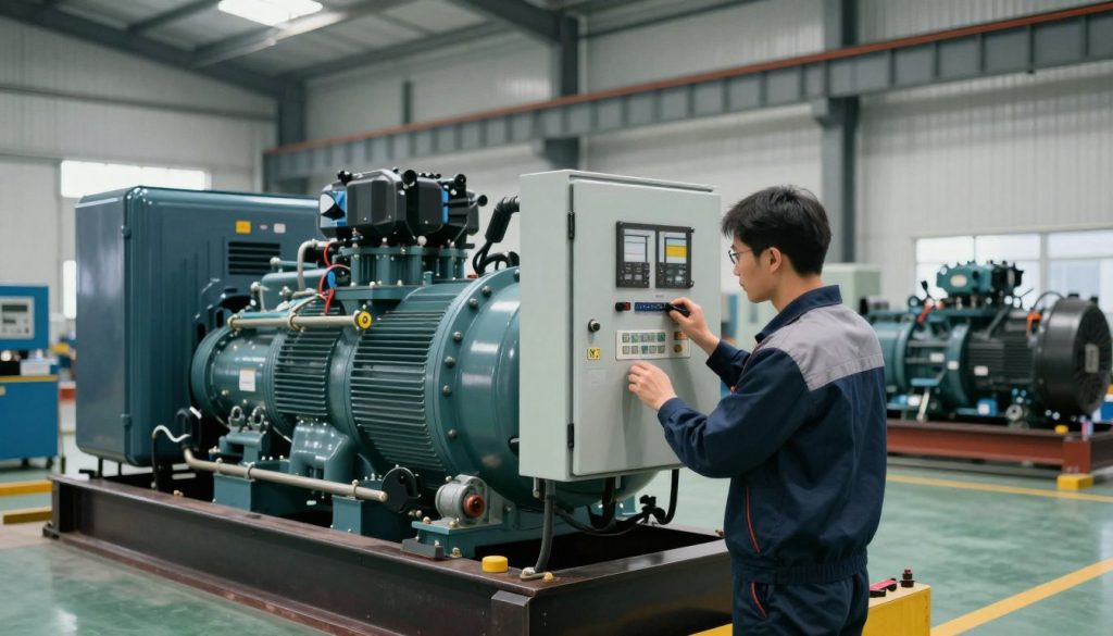 A technician performing preventive maintenance on a large energy generator in an industrial setting. In the foreground, the technician, dressed in professional work attire, inspects the generator's control panel with focused concentration. The middle ground features the generator itself, a massive, intricate machine with various components, surrounded by tools and equipment organized neatly. The background includes a well-lit, spacious factory environment with metal beams and machinery, conveying a sense of efficiency and professionalism. Soft, natural lighting illuminates the scene, creating a clear and inviting atmosphere. The angle of the shot captures the technician’s detailed examination while emphasizing the scale of the generator, highlighting the importance of regular maintenance in energy generation.