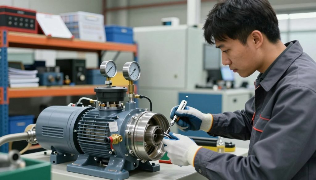 A technician performing preventive maintenance on a vacuum pump in an industrial setting, dressed in professional business attire. The foreground showcases the technician focused on the inner components of the pump, using specialized tools and wearing safety gloves. The middle ground features the intricacies of the vacuum pump with clear visibility of gauges, valves, and pipes, highlighting a clean and organized workspace. In the background, shelves stocked with maintenance equipment and manuals and a well-lit factory environment with machinery. The scene should be illuminated by soft, natural lighting coming from overhead industrial lights, conveying a mood of precision and professionalism. Aim for a slightly angled perspective to emphasize depth and detail, capturing the intricacies of this essential machinery in the graphic industry.