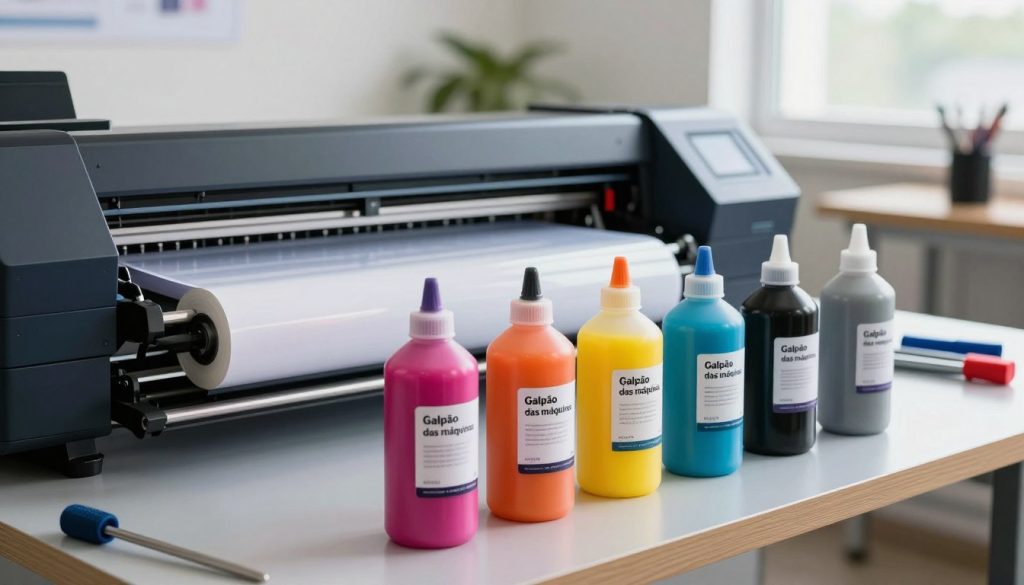 A vibrant and detailed setup focusing on sublimation inks for large format printers. In the foreground, a variety of color bottles labeled "Galpão das máquinas," displaying rich hues of cyan, magenta, yellow, and black, arranged artfully on a sleek, modern work surface. In the middle ground, a high-end large format printer is visible, showcasing a roll of glossy transfer paper ready for printing. The background features an organized workspace with printing tools, and a bright window allowing natural daylight to illuminate the scene, creating a warm and inviting atmosphere. The shot is taken at a slight angle to emphasize depth, with a shallow depth of field highlighting the ink bottles while softly blurring the workspace behind, conveying professionalism and creativity in the printing process.