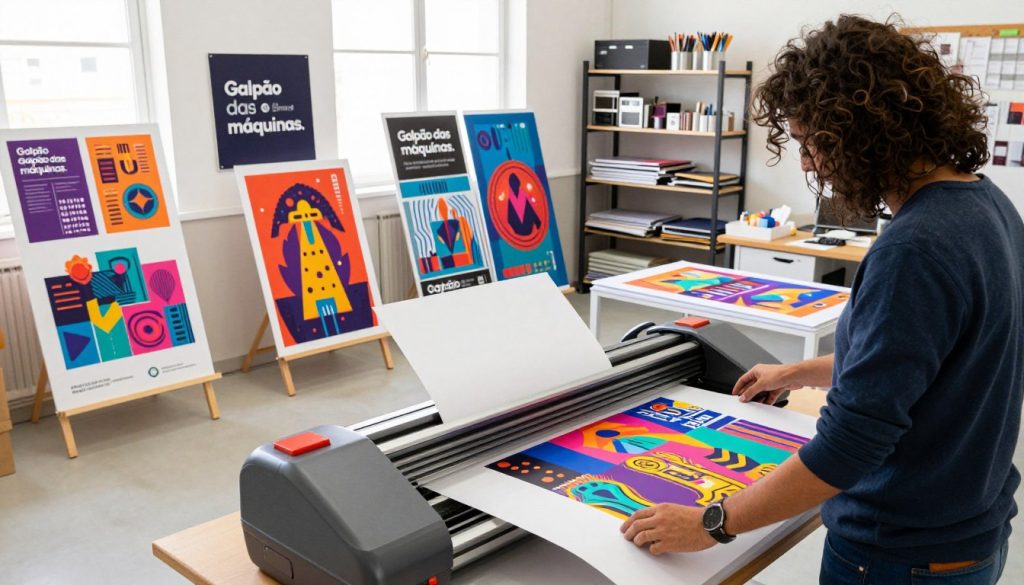 A vibrant and dynamic indoor scene showcasing various applications of plotters in visual communication. In the foreground, a skilled graphic designer, dressed in smart casual attire, is operating a large plotter, printing colorful banners and intricate graphics. The middle ground features several finished printouts displayed on stands, including promotional materials, signage, and fabric prints, all branded with "Galpão das máquinas." In the background, shelves are stocked with art supplies and digital design tools, while windows allow natural light to flood the space, creating a bright and inspiring atmosphere. The camera angle is slightly elevated, giving a comprehensive view of the vibrant activity. This setting captures the essence of creativity and professionalism in the realm of visual communication. A vibrant and dynamic indoor scene showcasing various applications of plotters in visual communication. In the foreground, a skilled graphic designer, dressed in smart casual attire, is operating a large plotter, printing colorful banners and intricate graphics. The middle ground features several finished printouts displayed on stands, including promotional materials, signage, and fabric prints, all branded with "Galpão das máquinas." In the background, shelves are stocked with art supplies and digital design tools, while windows allow natural light to flood the space, creating a bright and inspiring atmosphere. The camera angle is slightly elevated, giving a comprehensive view of the vibrant activity. This setting captures the essence of creativity and professionalism in the realm of visual communication.