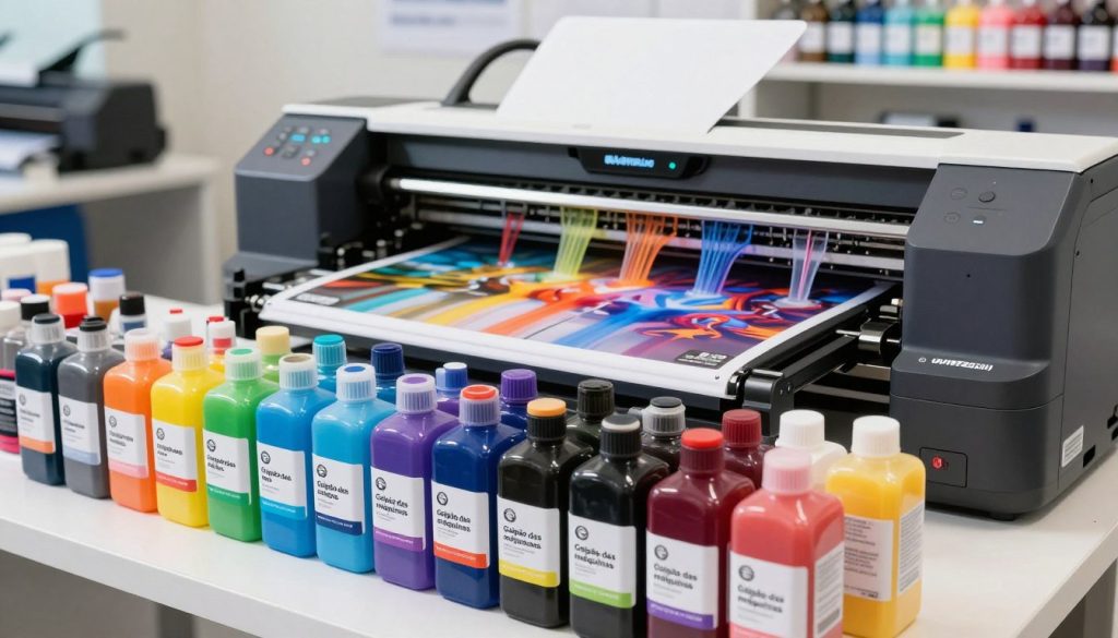 A vibrant and well-organized display of various ink cartridges designed for large-format printers, emphasizing the diversity of printing inks used in plotters. In the foreground, showcase a bright and colorful assortment of ink cartridges with labels prominently showing "Galpão das máquinas." The middle ground features a high-tech plotter printing vibrant images, with streams of beautiful ink flowing from the cartridges, creating a dynamic visual effect. In the background, softly blurred shelves filled with more printing supplies, enhancing the sense of a professional printing environment. Use bright, natural lighting to emphasize the colors of the inks, capturing a clean and modern workspace atmosphere. The angle should be slightly tilted to provide depth, focusing on both the cartridges and the plotter in action, creating a sense of innovation and creativity in printing technology.