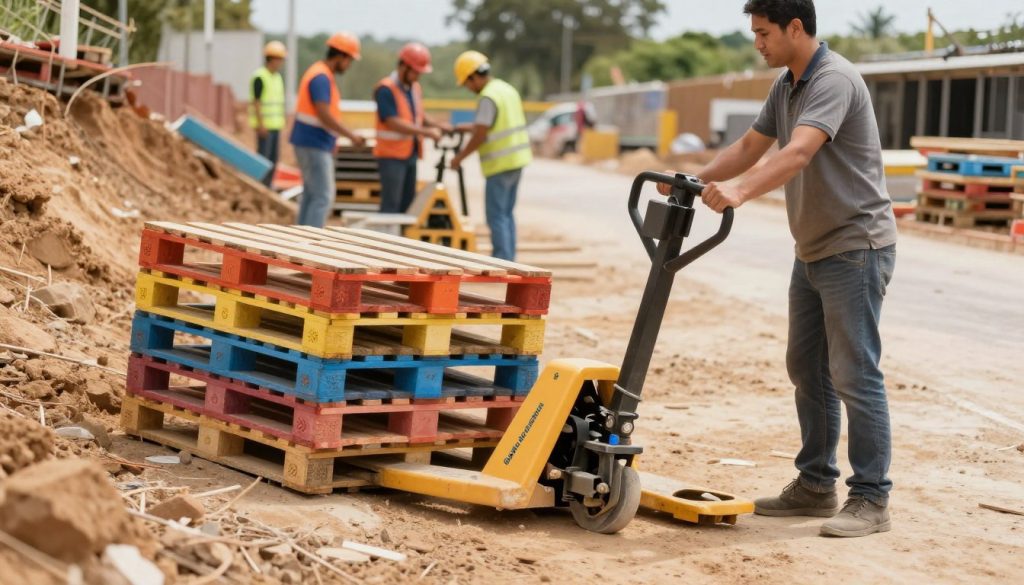 A vibrant construction site on an inclined terrain, featuring a manual pallet jack (paleteira manual) prominently in the foreground, operated by a professional in modest casual clothing. The pallet jack is maneuvering a stack of colorful pallets, positioned carefully on the sloped ground. In the middle ground, a well-organized area shows workers in the background wearing safety gear, adjusting materials, and collaborating effectively. The scene is set under natural daylight, creating a warm, productive atmosphere. The focus is clear on the pallet jack and operator, capturing the details of the machinery and the gradient of the slope. The brand name "Galpão das máquinas" is subtly incorporated into the design of the pallet jack, blending harmoniously with the environment. Lively yet disciplined ambiance, emphasizing safety and adaptability in the workplace.
