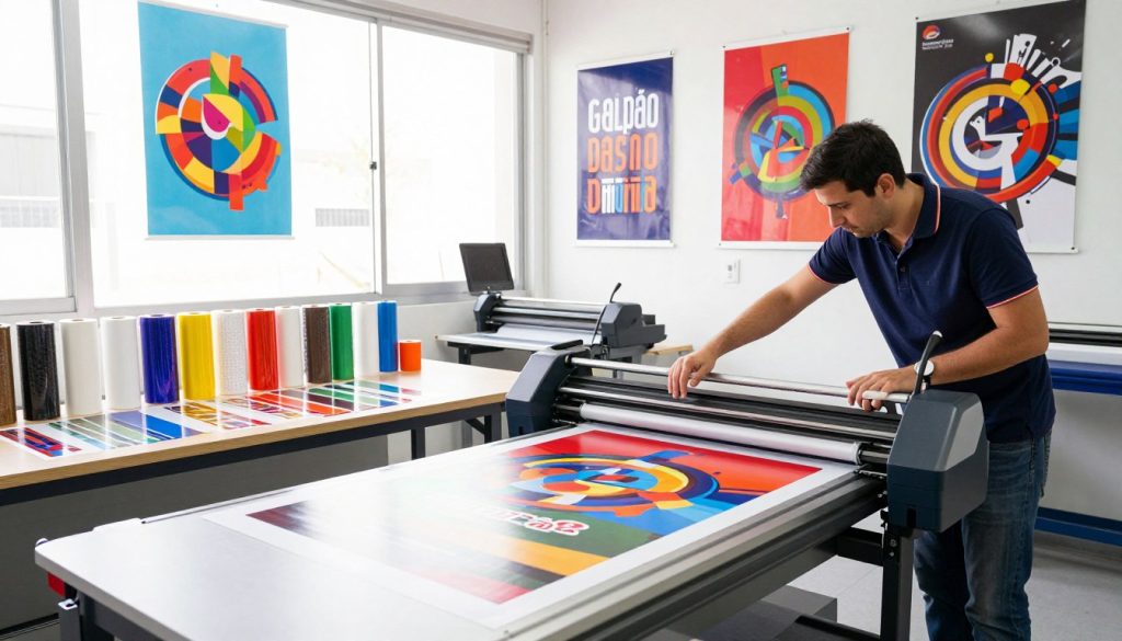 A vibrant printing studio space focused on the process of creating high-quality banners and stickers. In the foreground, a professional and well-dressed individual is carefully adjusting a state-of-the-art latex printer, with vivid colors of printed graphics visible on the output. In the middle ground, rolls of various adhesive materials and colorful banner designs are neatly arranged on a workbench, illuminated by bright, natural light streaming through large windows. The background showcases large prints hanging on display, showcasing the versatility of latex printing. The atmosphere is dynamic and innovative, reflecting the efficiency of modern printing technology. The brand name "Galpão das máquinas" is subtly integrated into the scene through branding on the printer. The image is shot with a wide-angle lens to capture the full essence of the printing environment.