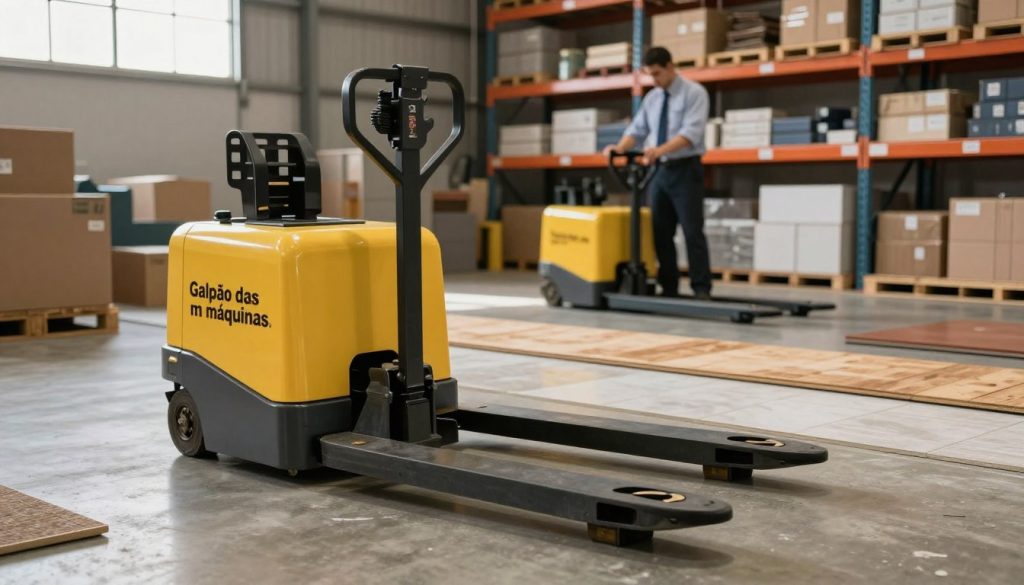 A vibrant warehouse setting showcasing an electric pallet jack, prominently labeled "Galpão das máquinas," in the foreground. The pallet jack is positioned on different types of flooring, including concrete, wooden planks, and tiles, highlighting their textures and colors. In the middle ground, a worker in professional business attire operates the pallet jack with focus and determination. The background features shelves filled with various boxes, creating a busy industrial atmosphere. Soft, natural lighting filters through high windows, casting gentle shadows and bringing depth to the scene. The overall mood reflects a blend of professionalism and challenge, emphasizing the relationship between electric pallet jacks and flooring types in a practical work environment.