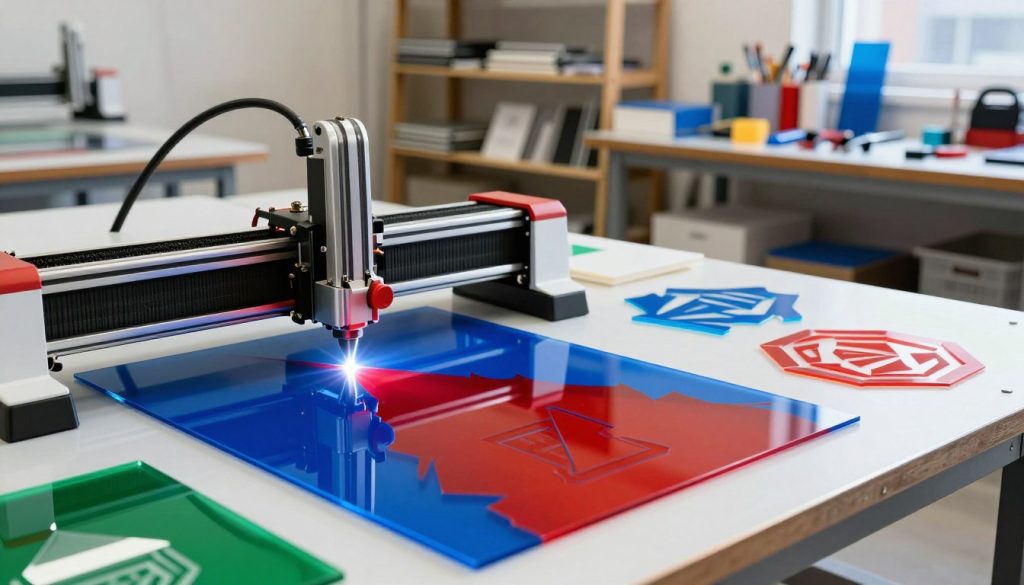 A vibrant workshop scene focused on laser-cut acrylic materials. In the foreground, a laser cutting machine with a bright, focused beam, slicing through colorful sheets of acrylic in shades of blue, red, and green. The middle ground showcases expertly cut acrylic pieces, featuring intricate geometric shapes and designs, scattered across a clean, metallic workbench. The background displays shelves filled with various acrylic sheets, tools, and safety equipment, all under bright, natural lighting that enhances the transparency and colors of the materials. The atmosphere is one of creativity and precision, suggesting a professional environment where innovation meets craftsmanship.