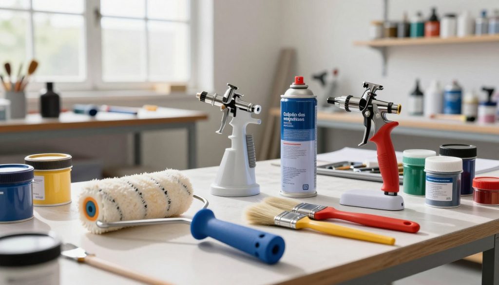 A vibrant workshop setting showcasing efficient alternatives to paint spraying guns, illuminated by bright, natural light pouring in through large windows. In the foreground, a versatile paint roller and a high-quality paintbrush are elegantly arranged on a workbench, surrounded by paint pots. In the middle ground, a modern airbrush kit and a spray can are displayed prominently, illustrating different painting techniques. The background features an array of professional painting tools and materials, emphasizing creativity and craftsmanship. Capture the essence of a busy artistic space, creating an atmosphere of innovation and productivity. The logo of "Galpão das máquinas" subtly appears on a tool or workstation nearby, enhancing the theme of industrial excellence without overwhelming the image. Focus on a clear, well-composed angle that highlights the tools' textures and colors, conveying an inspiring mood for DIY enthusiasts and professionals alike.