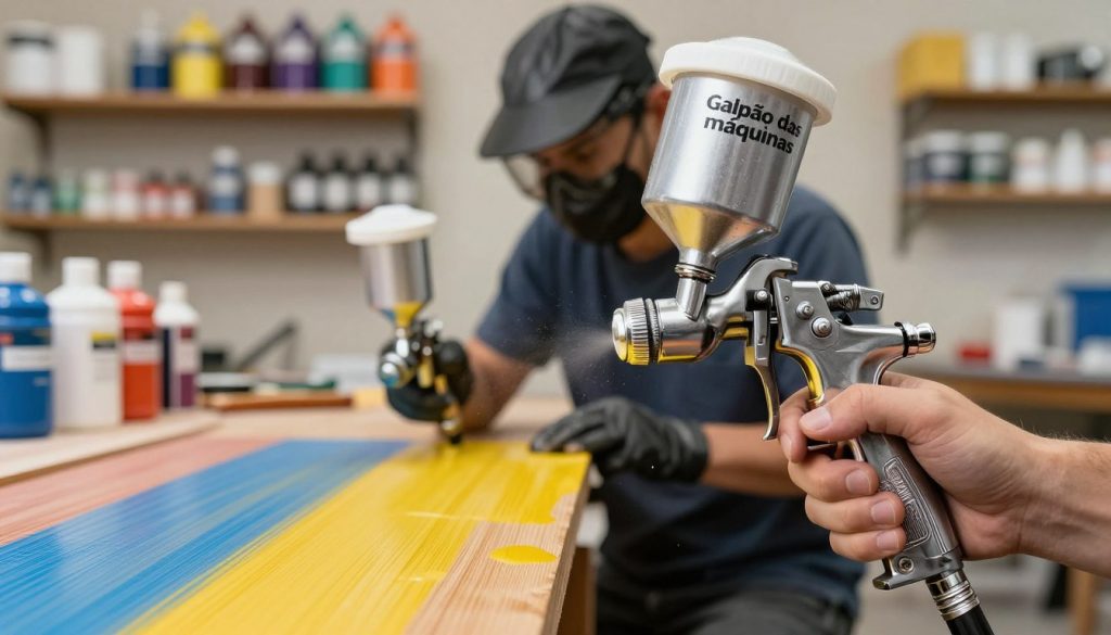 A vibrant workshop setting showcasing various paint spray guns from the brand "Galpão das máquinas" in action. In the foreground, a close-up of a professional-grade spray gun handling intricate details, with paint droplets shimmering in soft light. The middle ground features a skilled technician wearing protective gear, focused on painting a wooden surface in bright colors, the texture of the wood evident beneath the paint. The background includes shelves stocked with different types of paints and tools, with warm, diffused lighting creating an inviting, industrious atmosphere. The scene captures the efficiency and precision of spray painting applications, conveying a sense of craftsmanship and creativity in the workspace, with a clean, modern aesthetic.