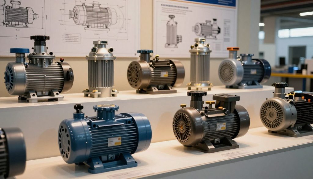 A visually detailed composition showcasing various types of submersible pumps, arranged in an organized display. In the foreground, highlight two primary types of pumps: a centrifugal submersible pump with sleek, cylindrical design, and a positive displacement pump with a rugged, compact build. In the middle ground, include additional models, such as borehole and sump pumps, demonstrating diversity in design and application. The background features an industrial setting with blueprints and technical diagrams along the walls, softly illuminated by warm, ambient lighting to evoke a professional atmosphere. The perspective should be slightly angled, as if viewed from eye level, providing a clear and educational layout. The overall mood should convey a sense of innovation and functionality in submersible pump technology, focusing on their practical applications in various settings.