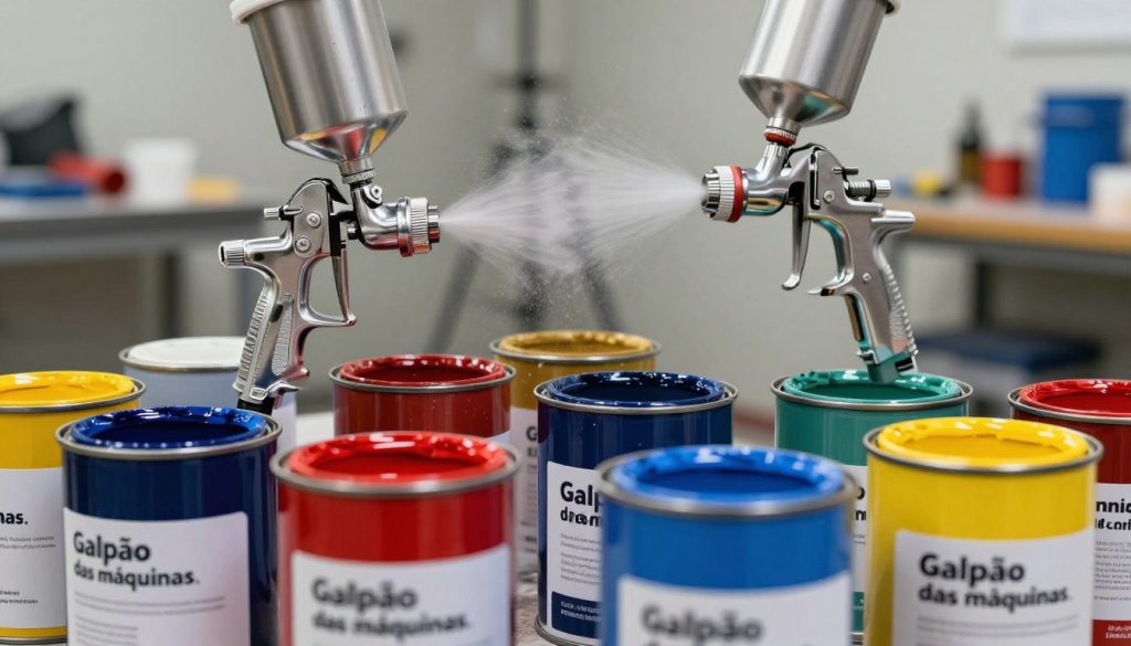 A visually engaging display of different types of paint for spray guns, featuring an assortment of paint cans labeled with the brand name "Galpão das máquinas." In the foreground, arrange several vibrant paint cans in an eye-catching manner, with varying colors like bright red, deep blue, and vivid yellow to represent different paint types. The middle ground should illustrate a spray gun in action, with paint mist delicately atomizing in the air, showcasing the application process. In the background, a blurred workshop environment with tools and safety equipment to convey a professional atmosphere. Soft, diffused lighting enhances the colors, evoking creativity and innovation in the painting process. The image should exude a sense of productivity and craftsmanship.