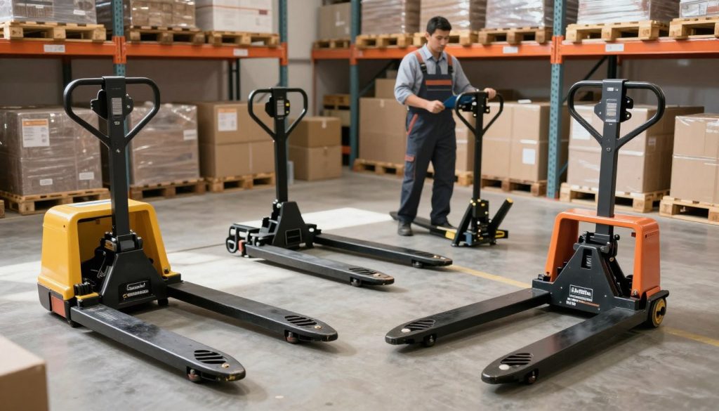 A visually engaging image showcasing various types of manual pallet jacks (paleteiras) in an industrial setting. In the foreground, highlight three distinct manual pallet jacks: a standard model, a low-profile variant, and a high-lift design, each with detailed mechanisms visible. The middle ground features a worker in professional business attire demonstrating the use of one pallet jack, emphasizing ergonomics and functionality. The background includes warehouse shelves stacked with pallets and boxes, bathed in natural lighting that creates a bright, efficient atmosphere. Use a wide-angle lens to capture the scene from a slightly elevated angle, focusing on the variety and applications of each pallet jack type. The branding "Galpão das máquinas" should be subtly integrated into the scene, enhancing the industrial theme without distracting from the main subjects.