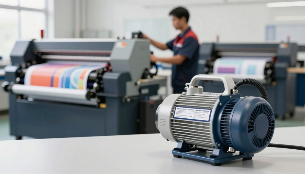A visually engaging industrial setting showcasing the benefits of a vacuum pump in the printing industry. In the foreground, depict a sleek, modern vacuum pump with clear labels highlighting its features. In the middle ground, include a technician in professional attire efficiently operating the machinery, demonstrating precision and focus. In the background, display a vibrant printing press in action, with colorful sheets of paper being processed, emphasizing the synergy between technology and productivity. The scene is illuminated with bright, natural lighting that enhances the clarity and cleanliness of the workspace, creating an atmosphere of professionalism and innovation. Use a wide-angle lens to capture the depth of the workshop while ensuring the vacuum pump remains the focal point of interest.