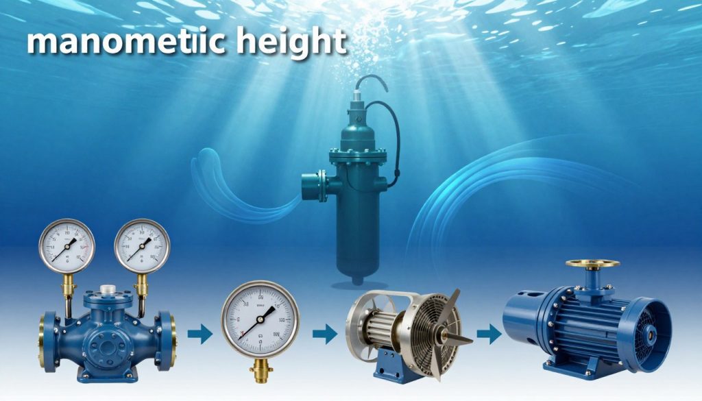 A visually engaging infographic-style illustration showcasing the factors influencing "manometric height" in submersible pumps. In the foreground, detailed graphics of critical components like pressure gauges, flow meters, and impellers, all labeled with arrows indicating their function. The middle layer includes an artistic representation of a submersible pump submerged in water, surrounded by abstract representations of fluid dynamics and pressure changes. The background features a gradient of blue tones to evoke a sense of water depth, with soft light filtering through to create a serene yet technical atmosphere. Use a high-resolution format with a clear focus, emphasizing the technical details while maintaining visual clarity and appeal, suitable for educational content.