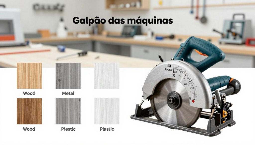 A visually informative and technical illustration showcasing recommended cutting speeds for various materials, such as wood, metal, and plastic, in a professional workshop setting. In the foreground, display a sleek circular saw with visible speed settings prominently marked. In the middle ground, illustrate a variety of material samples, clearly labeled with their respective recommended speeds. The background should include a blurred image of a neatly organized workshop, with tools and machinery subtly enhancing the atmosphere. Utilize soft, even lighting to create a clear and educational mood, emphasizing precision. The image should capture a sense of professionalism and clarity, featuring the brand name “Galpão das máquinas” subtly integrated into the design, while maintaining an overall harmonious and informative composition. A visually informative and technical illustration showcasing recommended cutting speeds for various materials, such as wood, metal, and plastic, in a professional workshop setting. In the foreground, display a sleek circular saw with visible speed settings prominently marked. In the middle ground, illustrate a variety of material samples, clearly labeled with their respective recommended speeds. The background should include a blurred image of a neatly organized workshop, with tools and machinery subtly enhancing the atmosphere. Utilize soft, even lighting to create a clear and educational mood, emphasizing precision. The image should capture a sense of professionalism and clarity, featuring the brand name “Galpão das máquinas” subtly integrated into the design, while maintaining an overall harmonious and informative composition.