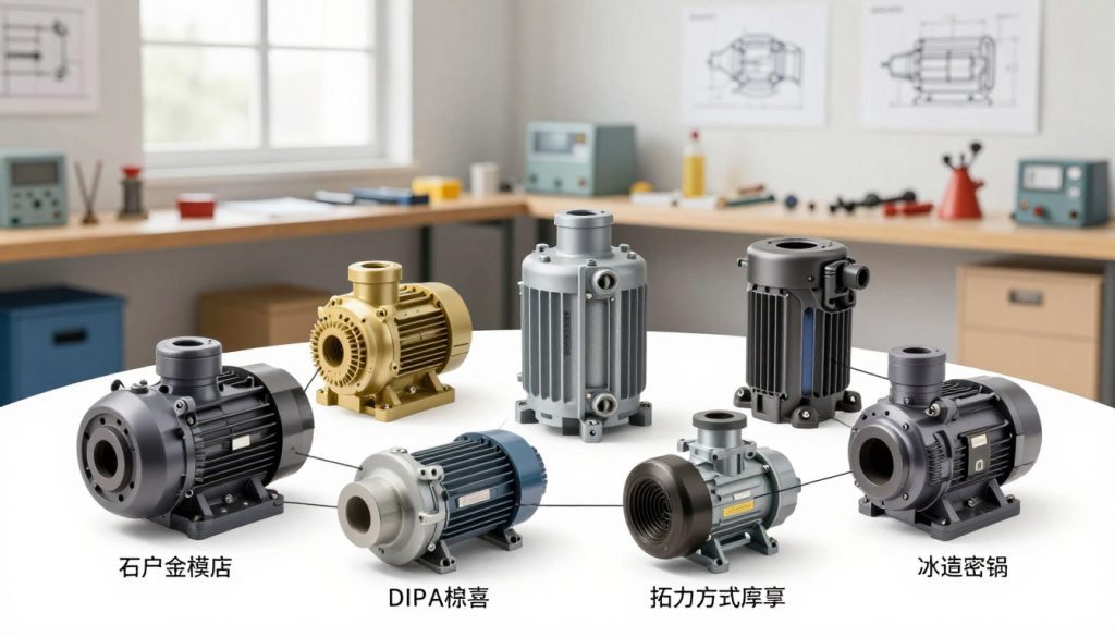 A visually informative illustration showcasing various types of hydraulic pumps in an engineering context. In the foreground, prominently display a series of distinct hydraulic pumps, including gear pumps, diaphragm pumps, and piston pumps, highlighting their unique shapes and mechanisms. Each pump should have labels pointing to specific features like inlets and outlets. The middle ground features a well-organized workshop setting with tools and schematics, hinting at a technical atmosphere. The background presents a large window allowing natural light to filter in, creating a clean, bright environment. The scene should be captured with a slightly elevated angle, emulating a professional technical manual style. The mood is educational and focused, suitable for a technical audience.
