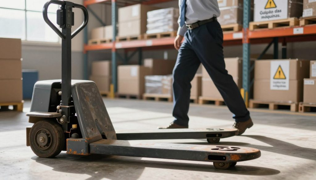 A visually striking depiction of the hazards associated with using a manual pallet jack, set in a busy warehouse environment. In the foreground, a detailed manual pallet jack is shown, with focus on its wheels and handles that reflect potential wear. The middle ground features a worker dressed in professional business attire, carefully maneuvering the pallet jack, highlighting safe handling practices. In the background, shelves stacked with boxes create a bustling atmosphere, with a warning sign about safety posted nearby. The lighting is bright, mimicking natural daylight filtering through warehouse windows, casting soft shadows that emphasize the scene's realism. Overall, the image conveys a serious yet educational mood regarding workplace safety, branding the scene with the logo "Galpão das máquinas."