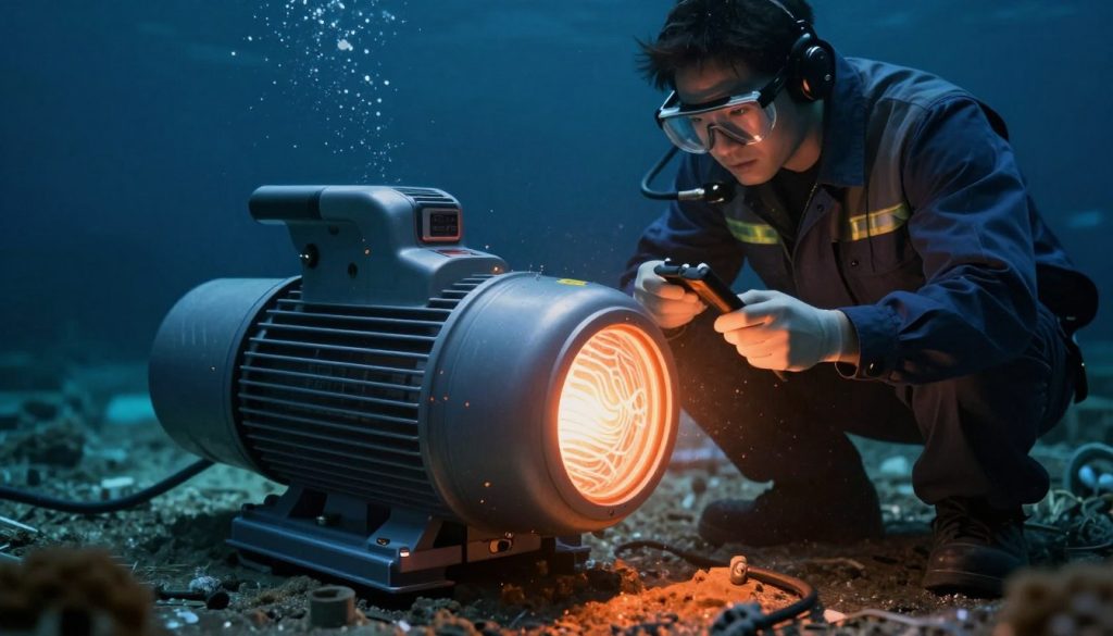 A visually striking image depicting a submersible pump overheating scenario. In the foreground, showcase a detailed view of a modern submersible pump with visible heat markings and a subtle glow to indicate extreme temperatures. In the middle ground, illustrate a technician in professional attire examining the pump closely, using diagnostic tools, ensuring a sense of urgency and expertise. The background should feature a dark, underwater environment with faint shimmering lights to add depth, emphasizing the tension of the situation. Use dramatic lighting to highlight the pump while casting shadows that convey the seriousness of overheating issues. The overall mood should be one of focused professionalism, drawing attention to innovative solutions for overheating problems in submersible pumps.
