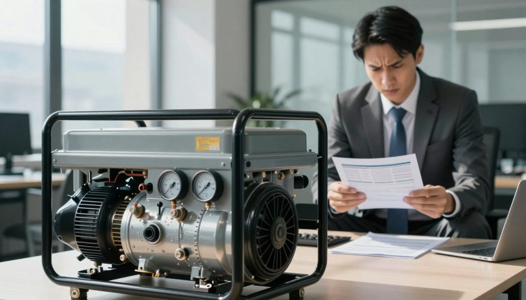 A visually striking image of a generator in a commercial setting, positioned prominently in the foreground. The generator is detailed, showcasing its metallic design and various gauges. In the middle ground, a concerned business professional in business attire examines financial reports on a table, with furrowed brows, indicating the economic challenges of using generators. The background includes a modern office environment with large windows, letting in natural light that casts soft shadows, creating a realistic atmosphere. The color palette is a mix of soft grays and blues, evoking a serious tone. The overall mood reflects deliberation and concern over the viability of energy generators due to economic factors, enhancing the article's theme without any text or distractions.