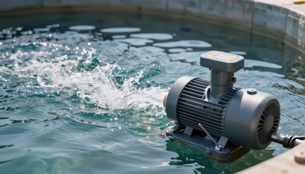 A visually striking image representing energy efficiency in the context of a submerged pump in operation. In the foreground, depict a modern, sleek submerged pump partially submerged in clear water, showcasing its robust design and energy-efficient features. In the middle ground, illustrate a fluid dynamic flow of water being effectively managed, with subtle ripples and reflections highlighting the pump's performance. In the background, create an industrial setting with subtle hints of a water reservoir or deep well, bathed in natural sunlight filtering through. Use a slightly elevated angle to capture the relationship between the pump and the surrounding environment, conveying a sense of innovation and efficiency. The overall mood should evoke a sense of progress and technological advancement, underscoring the critical role of energy efficiency in operational performance.