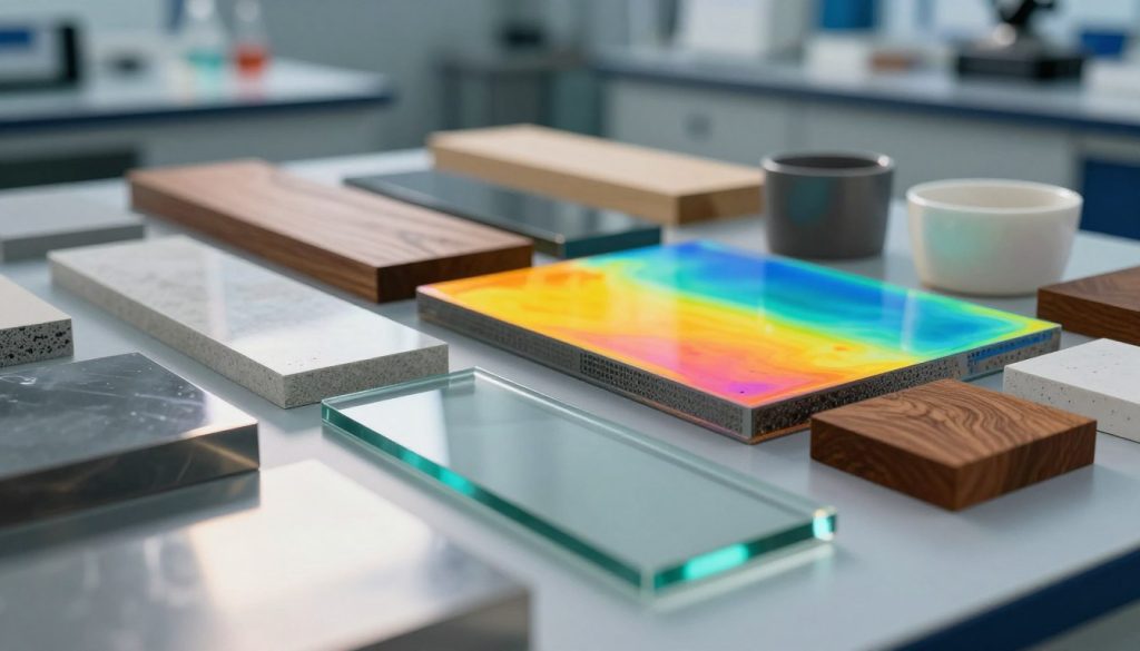 A visually striking representation of thermal and reflective properties of materials, showcasing various textures and colors. In the foreground, include a close-up of polished metals and glass that reflect light dynamically. The middle section reveals diverse materials like wood, plastic, and ceramics, displayed with thermal imaging overlays indicating heat distribution. The background features a sleek laboratory environment with soft, diffused lighting, casting gentle shadows that enhance the textures. Capture this scene with a wide-angle lens to emphasize the depth and complexity of material interactions. The overall atmosphere should convey a sense of innovation and precision, highlighting the scientific exploration of materials affecting laser cutting thickness. A visually striking representation of thermal and reflective properties of materials, showcasing various textures and colors. In the foreground, include a close-up of polished metals and glass that reflect light dynamically. The middle section reveals diverse materials like wood, plastic, and ceramics, displayed with thermal imaging overlays indicating heat distribution. The background features a sleek laboratory environment with soft, diffused lighting, casting gentle shadows that enhance the textures. Capture this scene with a wide-angle lens to emphasize the depth and complexity of material interactions. The overall atmosphere should convey a sense of innovation and precision, highlighting the scientific exploration of materials affecting laser cutting thickness.