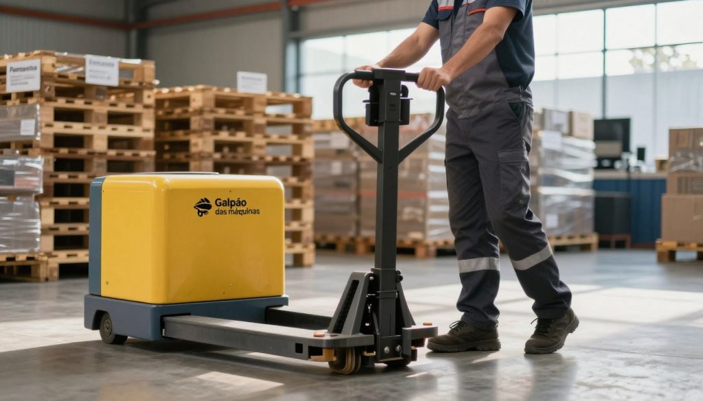 A warehouse scene focusing on the safe use of a manual pallet jack, featuring a skilled operator in professional attire carefully maneuvering the jack. The foreground shows the operator gripping the handle firmly, with feet positioned correctly and a focused expression, emphasizing safety techniques. In the middle ground, stacks of neatly arranged pallets provide context, while the background displays a well-organized warehouse with clear signage and adequate lighting, creating a clean and safe atmosphere. Soft, natural daylight filters through large windows, casting gentle shadows that enhance the scene's realism. The overall mood is professional and educational, highlighting best practices in pallet jack operation. Include a visible branding logo of "Galpão das máquinas" on the pallet jack for branding consistency.