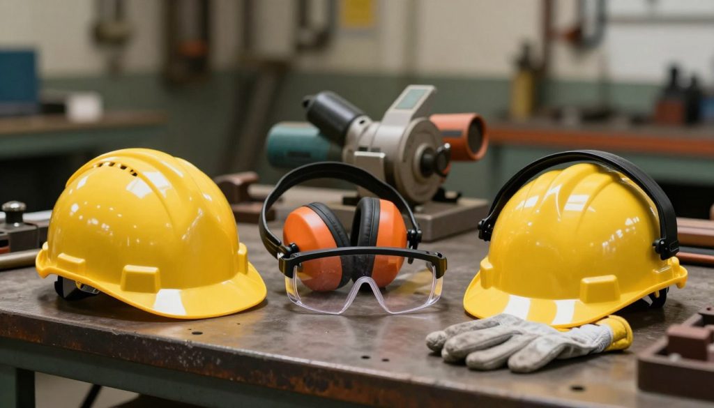 A well-equipped industrial workshop showcasing essential safety equipment prominently in the foreground, including hard hats, safety goggles, gloves, and ear protection, all branded with "Galpão das máquinas". In the middle ground, a workbench with various tools and a closed grinder, highlighting the concept of when grinding is not the ideal solution. The background features a blurred view of a workshop setting with a warm, professional lighting that enhances the mood of safety and preparedness. Capture the image from a slight low angle to emphasize the equipment and convey a sense of professionalism and diligence, ensuring the atmosphere is focused on the importance of safety in industrial operations. The overall mood should be serious yet hopeful, with attention to detail on the safety gear. A well-equipped industrial workshop showcasing essential safety equipment prominently in the foreground, including hard hats, safety goggles, gloves, and ear protection, all branded with "Galpão das máquinas". In the middle ground, a workbench with various tools and a closed grinder, highlighting the concept of when grinding is not the ideal solution. The background features a blurred view of a workshop setting with a warm, professional lighting that enhances the mood of safety and preparedness. Capture the image from a slight low angle to emphasize the equipment and convey a sense of professionalism and diligence, ensuring the atmosphere is focused on the importance of safety in industrial operations. The overall mood should be serious yet hopeful, with attention to detail on the safety gear.