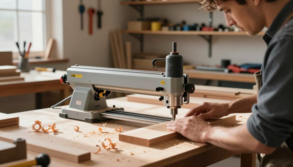 A well-equipped woodworking workshop featuring a professional-grade bench router in action. The foreground shows an operator in smart casual attire focused on using the bench router, carefully guiding a wooden workpiece through the cutting process. Visible in the middle ground is the sleek, modern bench router with its sturdy base, sharp bit, and safety features highlighted, while an array of freshly cut wood shavings surrounds the tool, showcasing its efficiency. In the background, shelves filled with various woodworking tools and accessories provide context. The lighting is warm and inviting, with natural light streaming in from a window, casting soft shadows. The atmosphere is industrious yet organized, emphasizing craftsmanship and precision in woodworking.