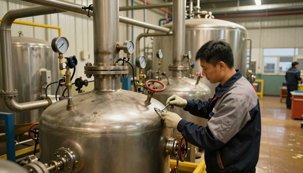 A well-lit industrial setting showcasing a food processing facility's boiler maintenance. In the foreground, a technician in professional attire is inspecting a large, metallic boiler, using tools and equipment to perform preventive maintenance. The middle ground features various machinery and piping relevant to the boiler system, with gauges and valves visibly monitoring pressure and temperature. In the background, large containers and production lines signify the connection to the food industry. The atmosphere is one of diligence and professionalism, with warm, industrial lighting highlighting the technician's focused expression and the intricacies of the boiler. Capture the image at a slightly elevated angle to provide depth, emphasizing both the technician and the scale of the equipment in a clean, organized environment. A well-lit industrial setting showcasing a food processing facility's boiler maintenance. In the foreground, a technician in professional attire is inspecting a large, metallic boiler, using tools and equipment to perform preventive maintenance. The middle ground features various machinery and piping relevant to the boiler system, with gauges and valves visibly monitoring pressure and temperature. In the background, large containers and production lines signify the connection to the food industry. The atmosphere is one of diligence and professionalism, with warm, industrial lighting highlighting the technician's focused expression and the intricacies of the boiler. Capture the image at a slightly elevated angle to provide depth, emphasizing both the technician and the scale of the equipment in a clean, organized environment.