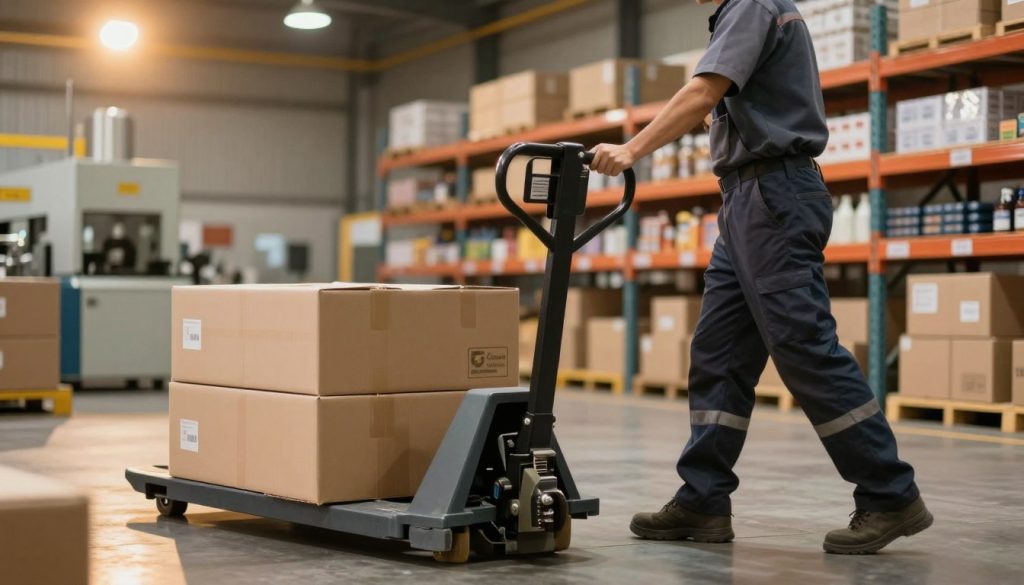 A well-lit industrial setting showcasing the proper use of a manual pallet jack. In the foreground, a worker in professional attire skillfully maneuvering the pallet jack loaded with boxes. The middle ground features organized shelves stacked with products, indicating an efficient warehouse environment. The background should include soft-focus machinery and overhead lighting casting a warm glow, creating an atmosphere of productivity and safety. The scene should convey a sense of teamwork and precision, highlighting the correct techniques for operating the pallet jack. Incorporate the brand "Galpão das máquinas" subtly into the design, ensuring it seamlessly fits the industrial context. A well-lit industrial setting showcasing the proper use of a manual pallet jack. In the foreground, a worker in professional attire skillfully maneuvering the pallet jack loaded with boxes. The middle ground features organized shelves stacked with products, indicating an efficient warehouse environment. The background should include soft-focus machinery and overhead lighting casting a warm glow, creating an atmosphere of productivity and safety. The scene should convey a sense of teamwork and precision, highlighting the correct techniques for operating the pallet jack. Incorporate the brand "Galpão das máquinas" subtly into the design, ensuring it seamlessly fits the industrial context.