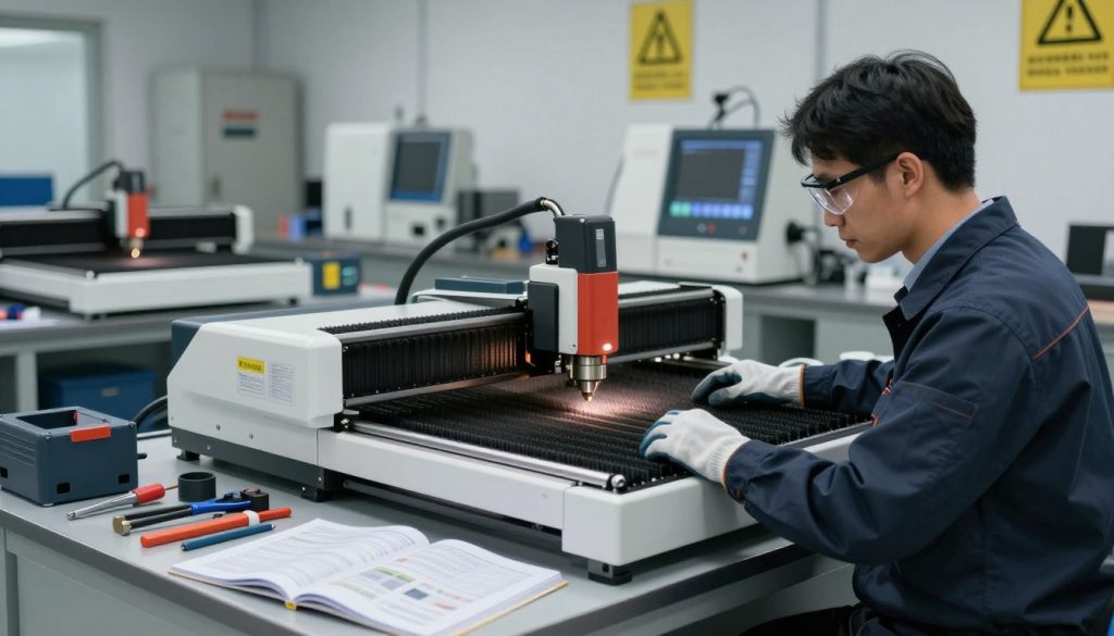 A well-lit industrial workshop scene focusing on laser cutting machine maintenance. In the foreground, a technician in professional business attire carefully inspects a sleek, high-tech laser cutting machine, wearing safety goggles and gloves. The middle ground features a variety of tools and equipment organized neatly on a workbench, with open manuals on maintenance procedures. The background shows additional laser cutting machines and safety signage on the walls, emphasizing a clean and organized workspace. Soft, ambient lighting illuminates the scene, while a slight lens vignette adds depth, creating a focused atmosphere that conveys professionalism and safety in operational practices. The mood is serious yet constructive, highlighting the importance of proper maintenance in laser cutting technology. A well-lit industrial workshop scene focusing on laser cutting machine maintenance. In the foreground, a technician in professional business attire carefully inspects a sleek, high-tech laser cutting machine, wearing safety goggles and gloves. The middle ground features a variety of tools and equipment organized neatly on a workbench, with open manuals on maintenance procedures. The background shows additional laser cutting machines and safety signage on the walls, emphasizing a clean and organized workspace. Soft, ambient lighting illuminates the scene, while a slight lens vignette adds depth, creating a focused atmosphere that conveys professionalism and safety in operational practices. The mood is serious yet constructive, highlighting the importance of proper maintenance in laser cutting technology.