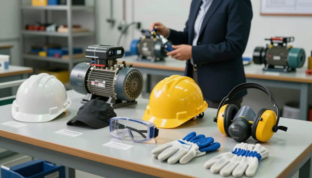 A well-lit industrial workshop setting showcasing essential personal protective equipment (PPE) for vacuum pump safety. In the foreground, display a variety of PPE items including a hard hat, safety goggles, ear protection, gloves, and a respirator neatly arranged on a workbench. Ensure that the materials are visibly high-quality and labeled appropriately. In the middle ground, a technician wearing professional business attire or smart casual clothing is examining a vacuum pump, demonstrating the importance of using PPE. The background features shelves stacked with tools and vacuum pump components, adding to the industrial atmosphere. Soft, diffused lighting creates a focused yet inviting mood, emphasizing the significance of safety in the workspace. Use a slightly elevated camera angle to capture the arrangement effectively, ensuring that no text or watermarks are present in the image.
