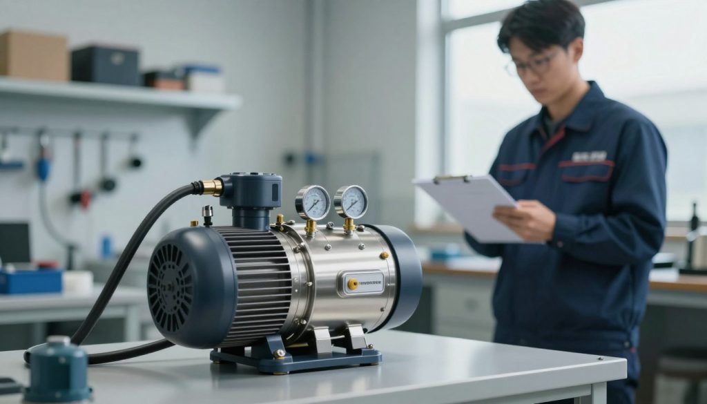 A well-lit industrial workspace showcasing a modern dry vacuum pump, positioned prominently in the foreground. The pump has a sleek, metallic finish, showcasing intricate details of its mechanism, such as hoses and gauges. In the middle ground, a technician in professional attire examines specifications on a clipboard, highlighting the practical application of the vacuum pump. The background features a clean, organized workshop environment, with shelves of tools and equipment subtly blurred to emphasize the suction device. Soft, natural lighting flows in from a nearby window, creating a professional and focused atmosphere. The image conveys a sense of innovation and industry, suitable for a technical article.