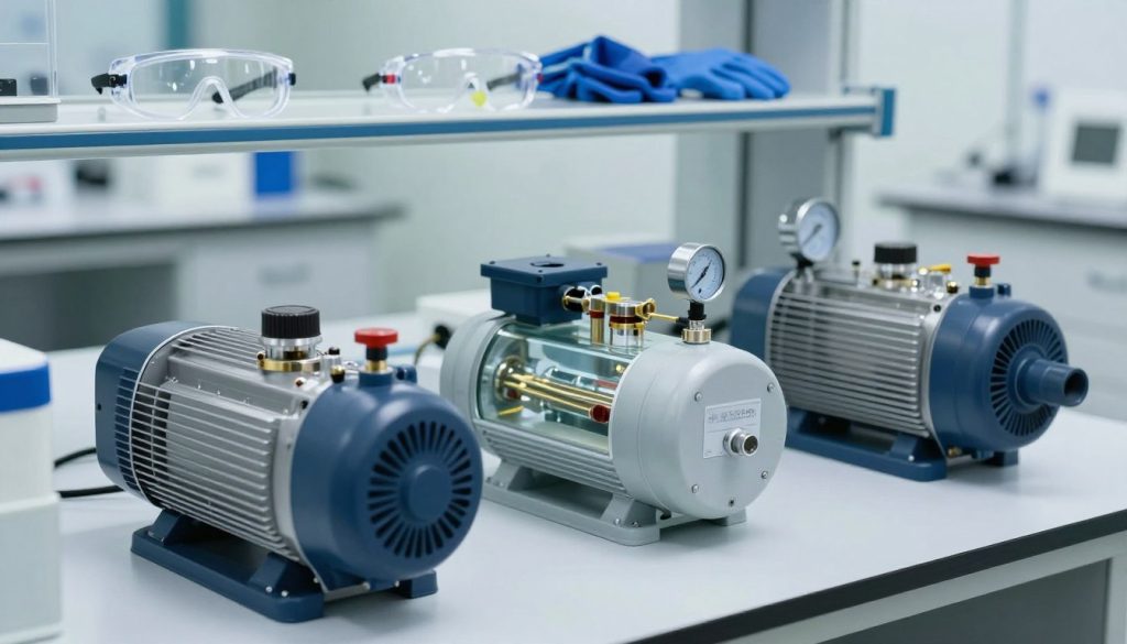A well-lit laboratory environment showcasing various types of vacuum pumps arranged on a workbench. In the foreground, a rotary vane vacuum pump with clear technical labels and a glass chamber displaying its internal mechanisms. In the middle ground, a diaphragm vacuum pump, emphasizing its compact design, alongside a scroll vacuum pump with visible connections and gauges. The background features shelves neatly organized with safety equipment, such as goggles and gloves, creating a professional atmosphere. Soft, diffused light highlights the pumps, creating a clean, sterile ambiance. The image incorporates an angle that captures both the functionality and potential hazards of the equipment, promoting an educational tone without distractions, ensuring a sense of seriousness about safety practices.