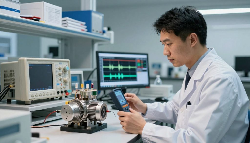 A well-lit laboratory setting focusing on diagnosing noise issues in vacuum pumps. In the foreground, a technician in professional business attire examines a vacuum pump, holding a sophisticated sound level meter. The middle ground features various tools and machinery used for diagnostics, like an oscilloscope and a computer showing sound wave graphs. In the background, shelves are filled with equipment and manuals, creating a detailed yet organized atmosphere. Soft overhead lighting enhances the focus on the technician's expressions of concentration. The scene conveys a serious and technical mood, emphasizing meticulous analysis in a modern industrial environment.