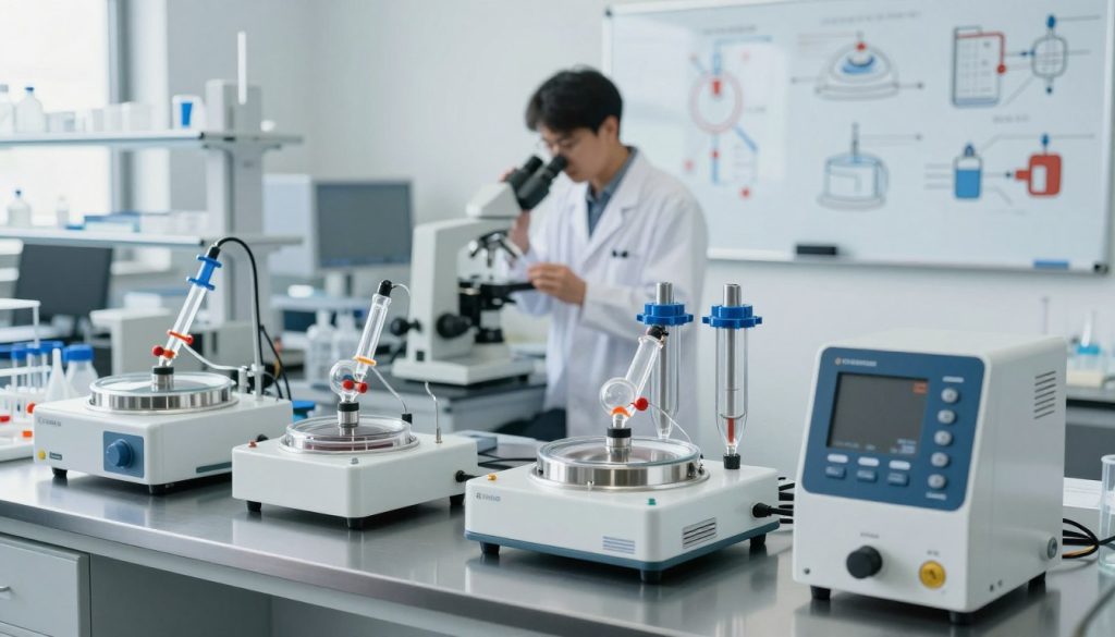 A well-lit laboratory setting, showcasing alternatives to vacuum pump technology. In the foreground, an array of modern equipment like rotary evaporators, inert gas purge systems, and membrane filtration units neatly arranged on a stainless steel workbench. In the middle ground, a researcher in a lab coat examines a sample through a microscope, emphasizing the theme of efficiency and innovation. The background features a whiteboard filled with technical diagrams illustrating various processes. Soft, natural lighting creates a clean and professional atmosphere, while the image is captured from a slightly elevated angle to provide a comprehensive view of the workspace. The mood is one of focus and exploration, highlighting advancements in scientific methodology.