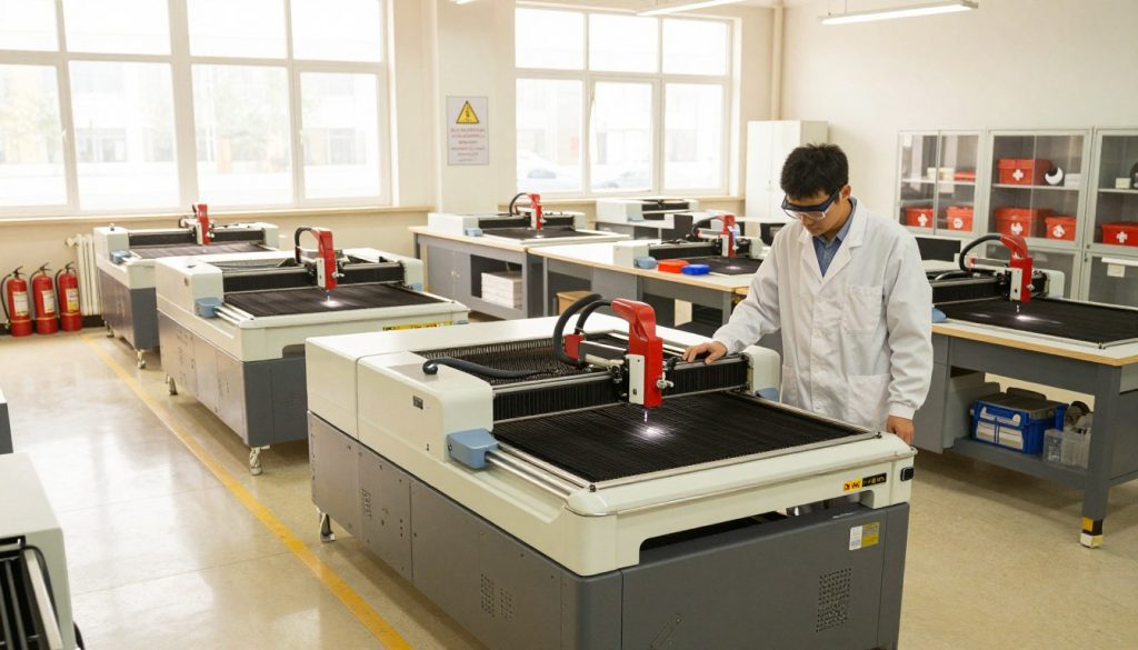 A well-lit, organized workshop for safe laser cutting machine operation, featuring a spacious layout with safety barriers and clear walkways. In the foreground, a professional individual dressed in safety goggles and a lab coat is inspecting a laser cutting machine, ensuring it is properly secured. The middle ground showcases workstations equipped with safety equipment like fire extinguishers and first aid kits, along with clear signage indicating safety protocols. In the background, large windows allow natural light to flood the room, illuminating the overall clean and orderly environment. The atmosphere conveys a sense of professionalism and safety, with a focus on the meticulous setup needed for a secure workspace. Use soft, warm lighting to create a welcoming yet serious tone that emphasizes safety.