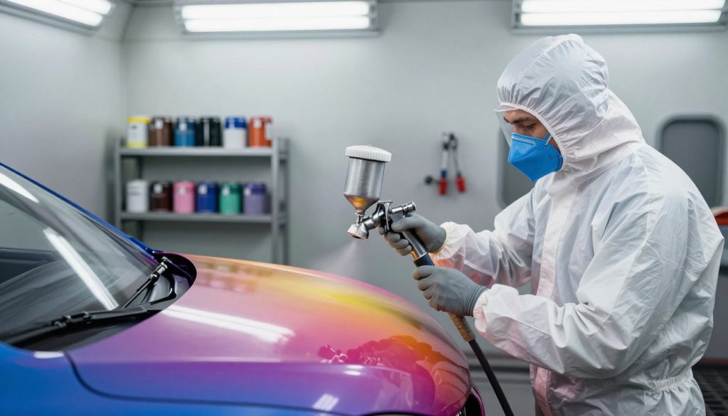 A well-lit painting booth featuring a skilled painter using a spray gun to apply a vibrant coat of paint on a car's body. In the foreground, the painter, dressed in a professional protective suit and mask, is focused on the task, showcasing intricate techniques with the spray gun. The middle ground reveals detailed shelves stocked with various paint cans and tools, while the background shows soft-focused walls of the booth, illuminated by bright overhead lights that enhance the colors and textures of the painted surface. The atmosphere is industrious and professional, conveying an environment of precision and creativity. The scene captures the essence of modern painting techniques in a controlled setting, emphasizing skill and artistry.