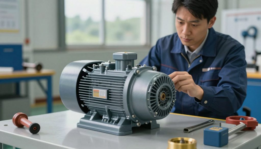 A well-lit, professional setting featuring a surface pump prominently displayed in the foreground, showcasing its intricate mechanical components and robust design. The pump is set on a sturdy platform, with tools and equipment subtly arranged around it, emphasizing its operational context. In the middle ground, a technician in business attire inspects the pump, demonstrating its use in a practical environment. The background reveals a blurred industrial landscape, hinting at a facility where such pumps are utilized, with soft, ambient lighting creating a focused yet approachable atmosphere. The overall mood is informative and technical, inviting viewers to understand the significance of surface pumps in specific applications. The camera angle is slightly elevated to capture both the pump and the technician in an engaging way.