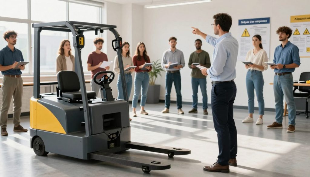 A well-lit training room featuring a modern electric pallet jack being demonstrated by a professional instructor. In the foreground, a focused instructor in business attire stands beside the pallet jack, pointing out safety features to a diverse group of attentive trainees in modest casual clothing. In the middle ground, the trainees, engaged and taking notes, are observing the practical demonstration. The background includes safety posters on the walls related to proper operation and safety protocols. Natural light streams through large windows, creating a bright and motivating atmosphere, while the angled view gives depth and emphasis to the training process. The brand name "Galpão das máquinas" is subtly included on the training materials displayed in the environment, promoting professionalism and safety in electric pallet jack operations.