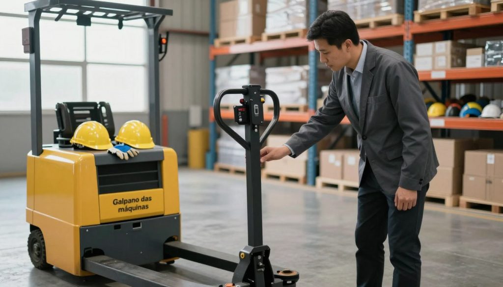 A well-lit warehouse interior showcasing a professional operator inspecting an electric pallet jack from "Galpão das máquinas". In the foreground, the operator, dressed in smart business attire, examines the pallet jack's controls and safety features, ensuring proper functionality. In the middle ground, various safety equipment such as gloves and a hard hat are visible alongside the pallet jack, illustrating best safety practices. The background features shelves stacked with boxes, emphasizing a neat and organized environment. The scene is bathed in soft, natural lighting filtering through large windows, creating a focused and serious mood. Capture the image from a slightly elevated angle to highlight the operator's attentive posture and the pallet jack's design, underscoring the importance of pre-operational safety procedures. A well-lit warehouse interior showcasing a professional operator inspecting an electric pallet jack from "Galpão das máquinas". In the foreground, the operator, dressed in smart business attire, examines the pallet jack's controls and safety features, ensuring proper functionality. In the middle ground, various safety equipment such as gloves and a hard hat are visible alongside the pallet jack, illustrating best safety practices. The background features shelves stacked with boxes, emphasizing a neat and organized environment. The scene is bathed in soft, natural lighting filtering through large windows, creating a focused and serious mood. Capture the image from a slightly elevated angle to highlight the operator's attentive posture and the pallet jack's design, underscoring the importance of pre-operational safety procedures.